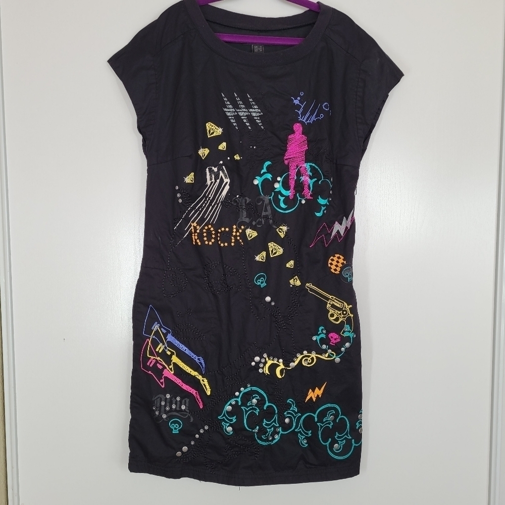 MNG Black Rock Chic Graphic Embroidered Studded Mini Dress XS‎ Rare Grunge Retro